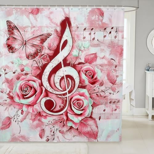 jejeloiu Music Bath Curtain 84x72 Red Notes Design