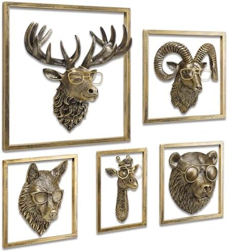 JJALIGHTS 5Pcs Resin Animal Heads Wall Decor with Frame