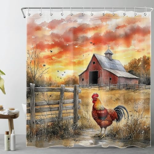 SCECALA Rustic Farm Barn Shower Curtain Red Barn Chicken Wood Fence 70x70 Inch