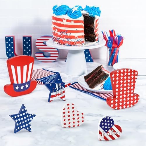 WENMAQIN 4th of July Decor Wooden Star Signs Set 6PCS