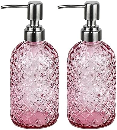 Elegant Glass Soap Dispenser with Stainless Steel Pump Pink-2pack