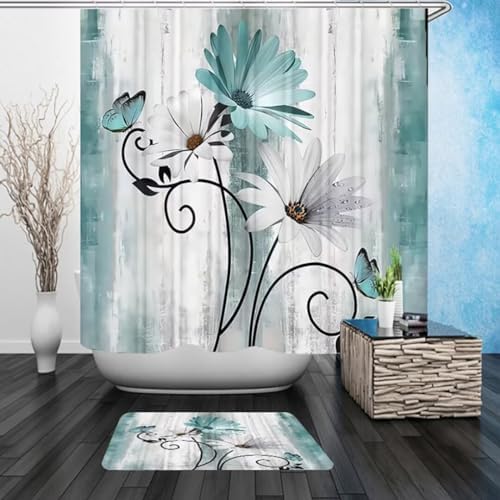 4PCS Rustic Teal Daisy Farmhouse Shower Curtain Set