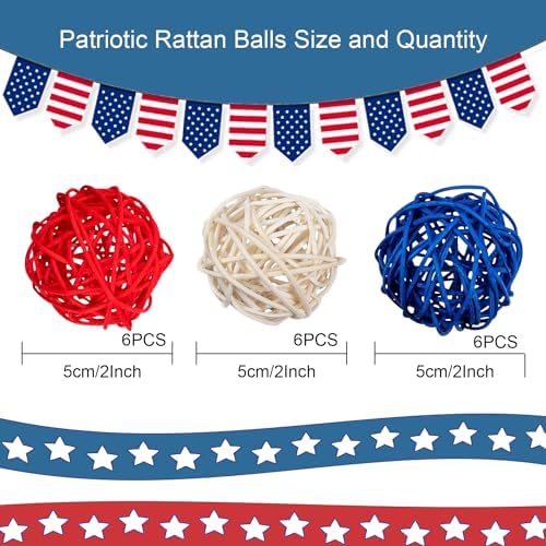 JOYWU 18Pcs 2 Inch Patriotic Rattan Decorative Balls Set for Independence Day Decorations