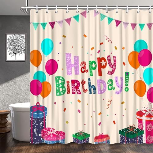 Happy Birthday Shower Curtain with Balloons and Stars for Boys Girls