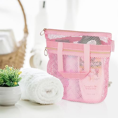 DV Lifestyle Quick-Dry Mesh Shower Bag with Zipper 2 Pockets Pink