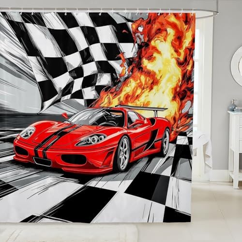 Feelyou Kids Red Race Car Shower Curtain Set 72x72