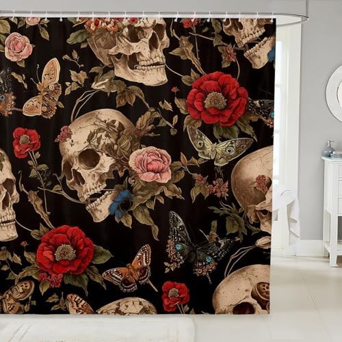 Feelyou Sugar Skull Rose Shower Curtain Set 72x72 Death Moth Gothic Floral Bath Curtain