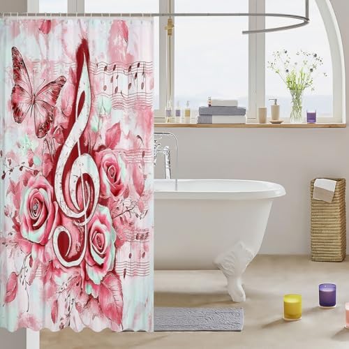 jejeloiu Music Bath Curtain 84x72 Red Notes Design
