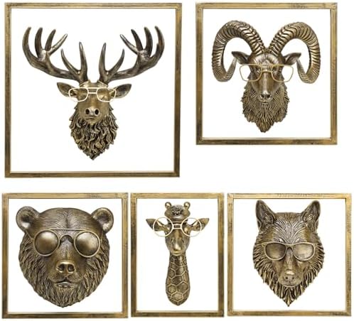 JJALIGHTS 5Pcs Resin Animal Heads Wall Decor with Frame