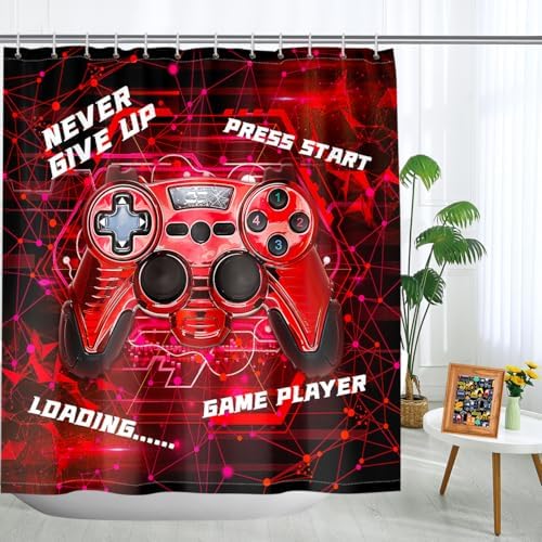 Gaming Shower Curtain for Boys - 60x72 Red Set with 12 Hooks