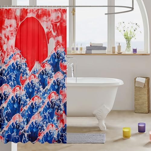 Feelyou Japanese Wave Bath Curtain Set 72x72 Waterproof