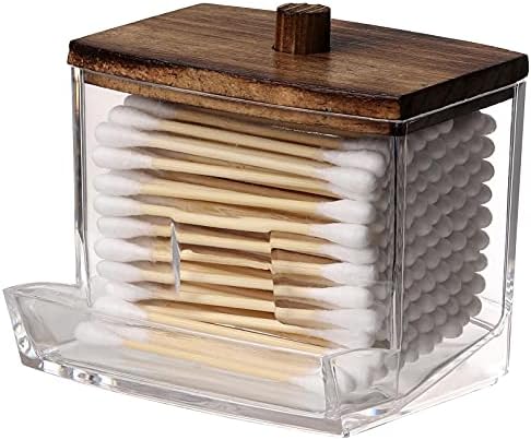 Tbestmax 7 OZ Cotton Swab Holder with Brown Wood Lid
