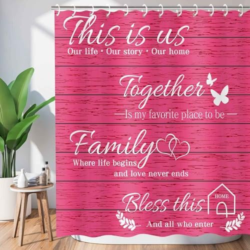 JAWO Family Shower Curtain Set - Pink Wood Design with 12 Hooks
