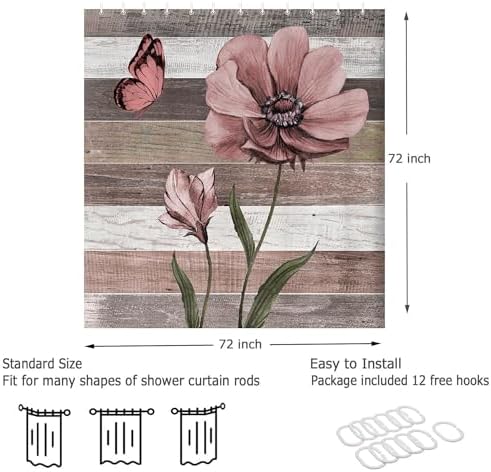 JAWO Teal Floral Shower Curtain Set 72x72 with 12 Hooks