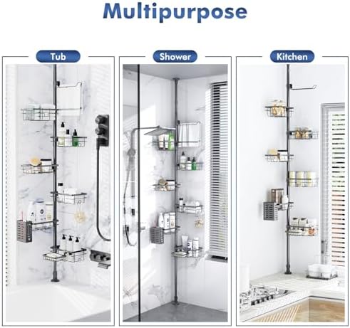 Vatex Adjustable Corner Shower Caddy Organizer with 6 Baskets and Towel Bar