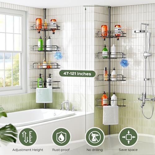 HAMITOR Corner Shower Caddy Tension Pole - 4-Tier Adjustable Rust-Resistant Organizer