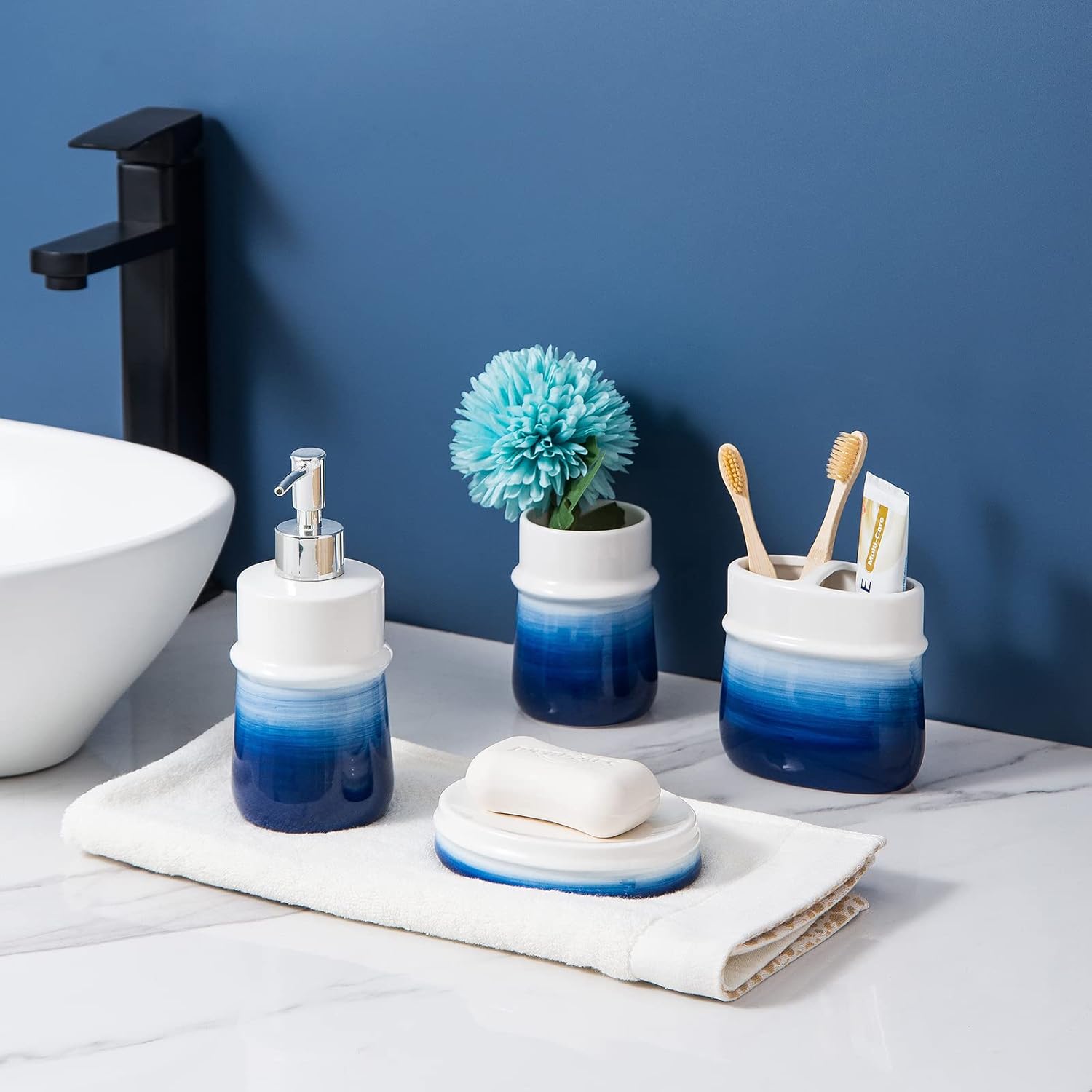 Navy Blue 4-Piece Ceramic Bathroom Accessory Set