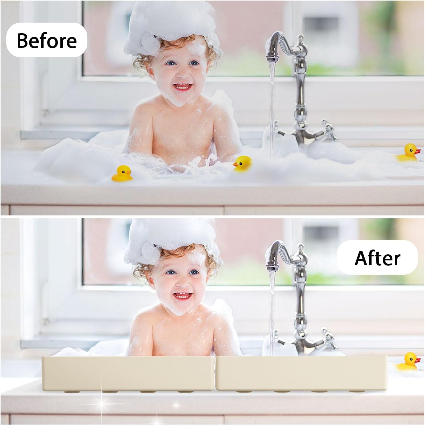 Roslim Splash Guard for Bathtub Sink - 4 Suction Cup Silicone Toy Tray Holder Beige