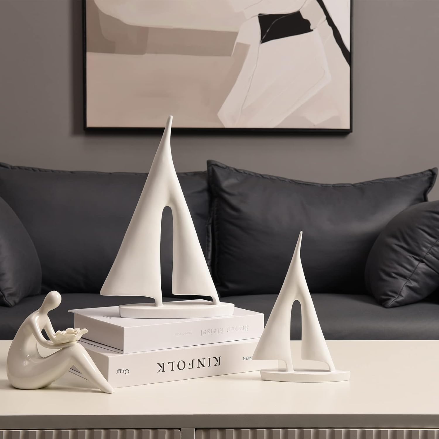 Modern Sailboat Sculpture Decor 2 Pack White