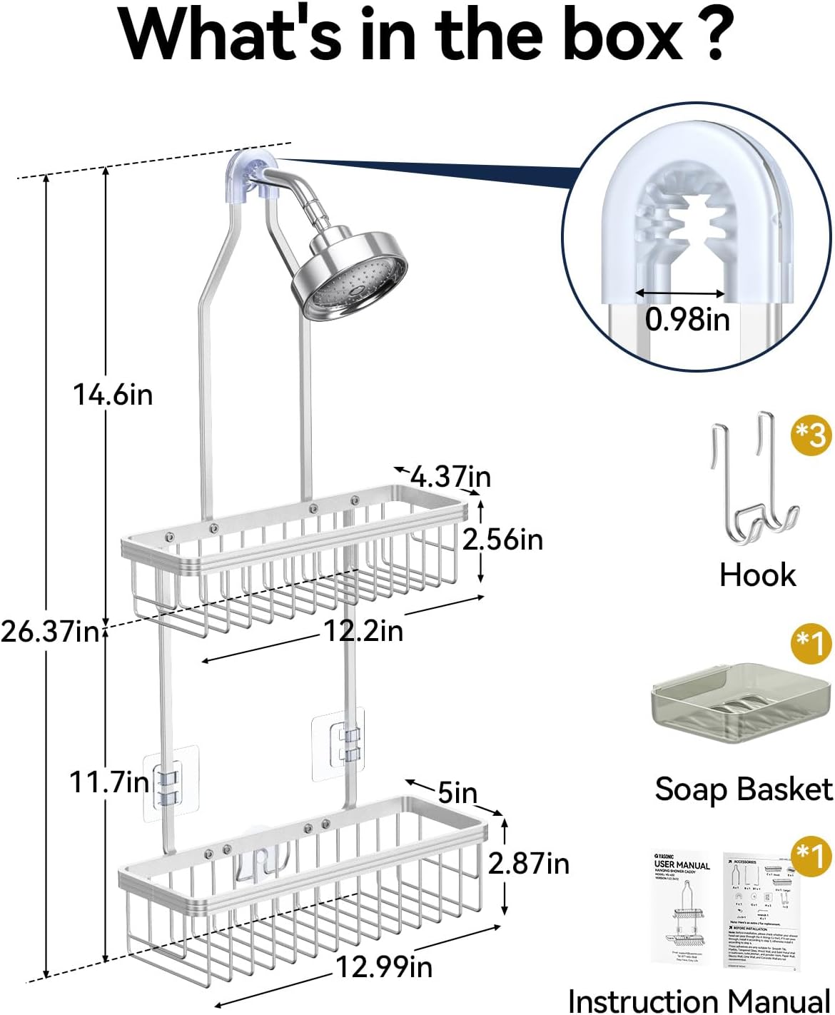 YASONIC Shower Caddy with 2 Tiers and Hooks
