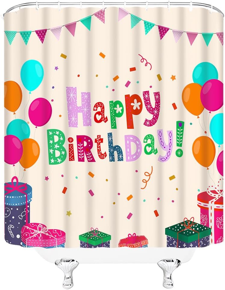 Happy Birthday Shower Curtain with Balloons and Stars for Boys Girls