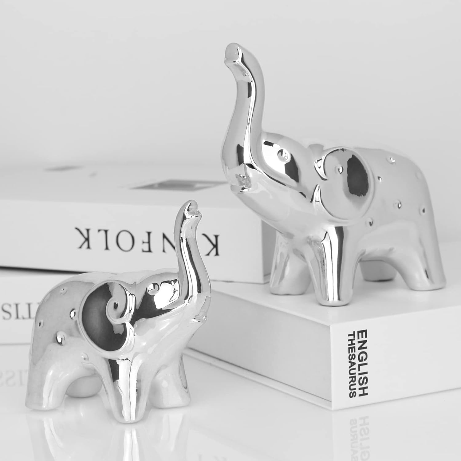 Handmade Silver Ceramic Elephant Statue Pair