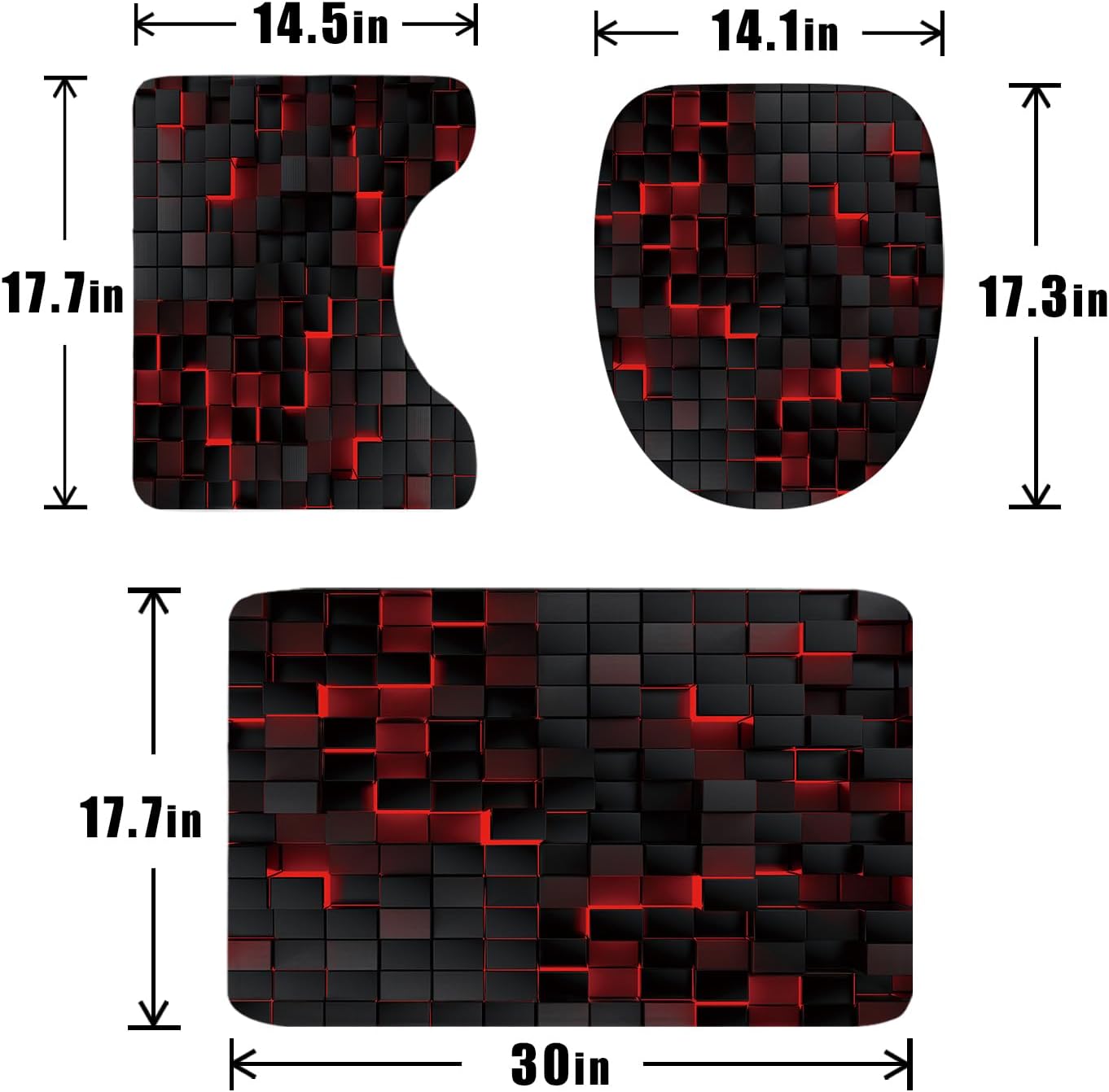 Riyidecor 4PCs Black Red Shower Curtain Set with Non-Slip Mats