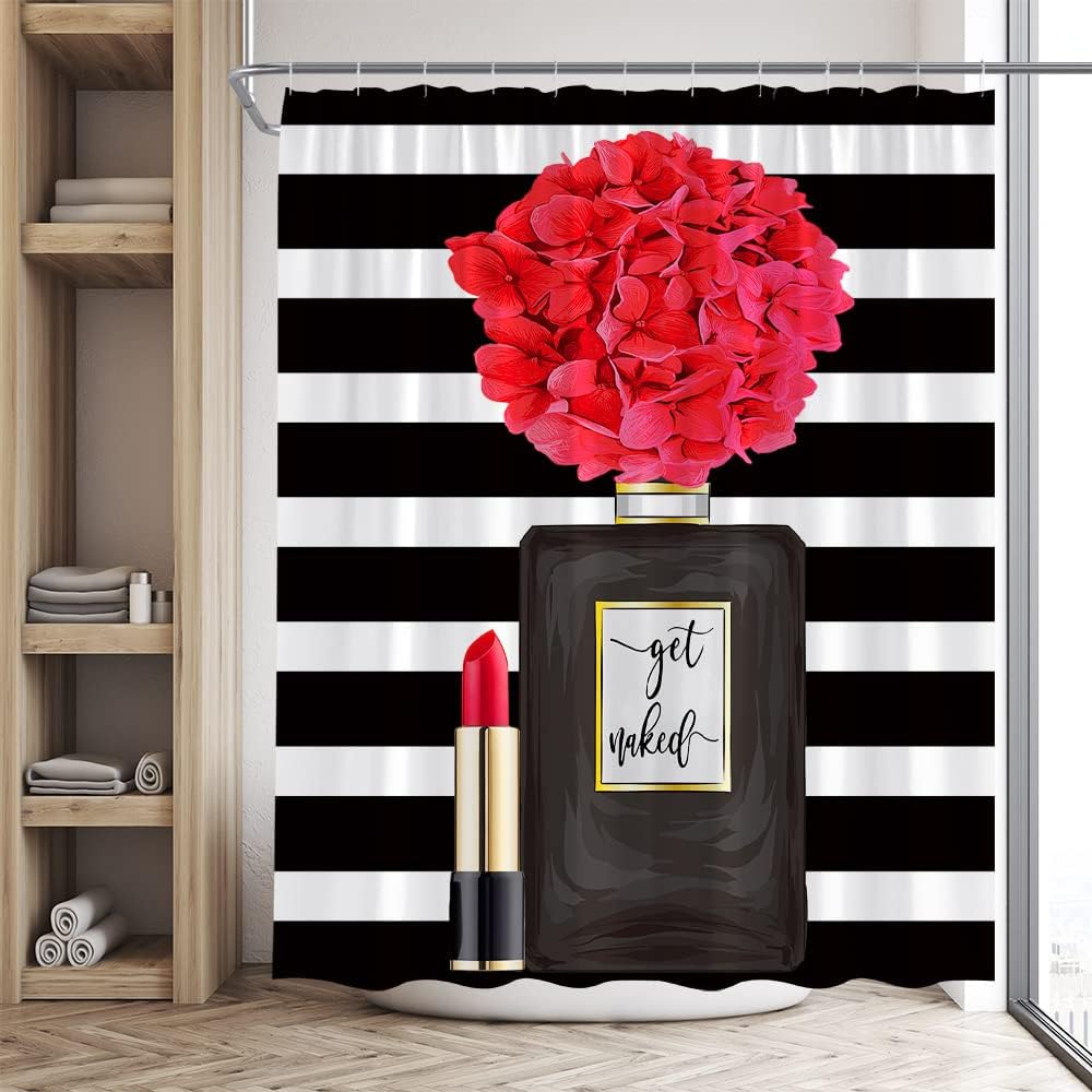 Black Floral Shower Curtain Set with Hook for Women