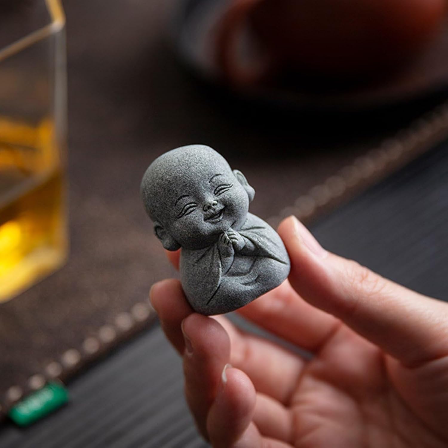 Laughing Buddha Statue Decor 4Pcs Small Zen Monk Sandstone Buddha Sculpture for Wealth Good Luck Feng Shui Decor