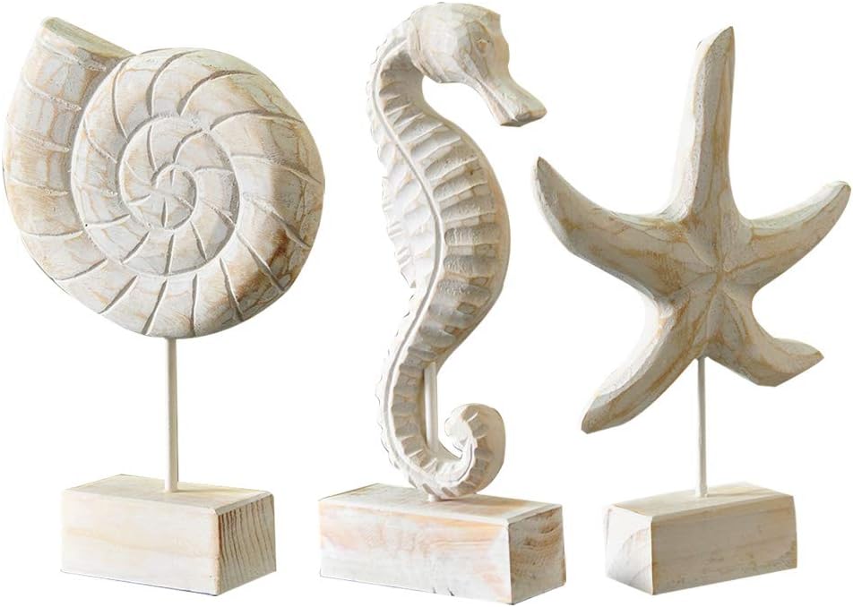 Exttlliy 3pcs Wood Handmade Beach Statues Set