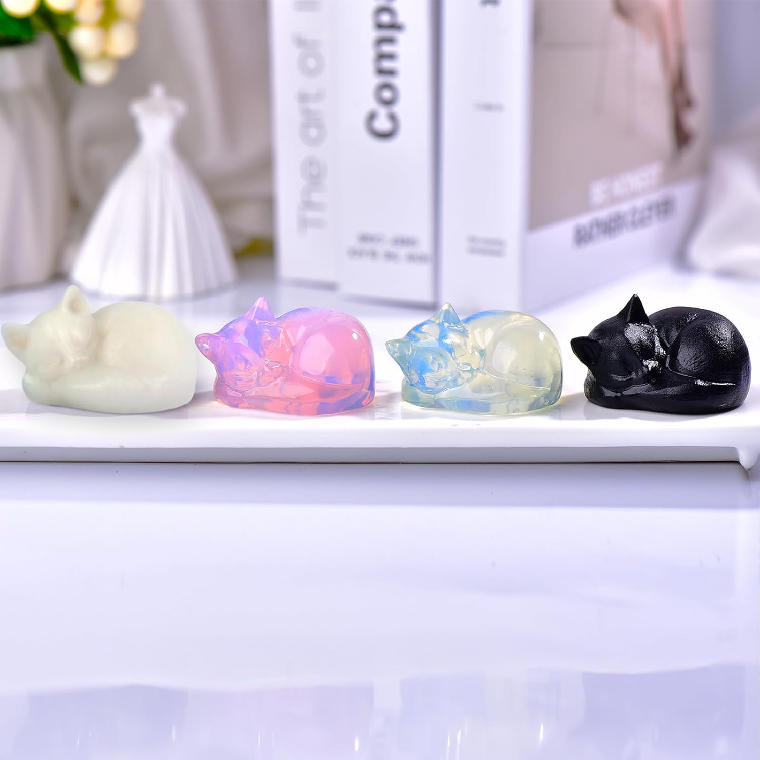 Black Obsidian Cat Statue 21 Inch Healing Crystal Decor for Home Office Desk