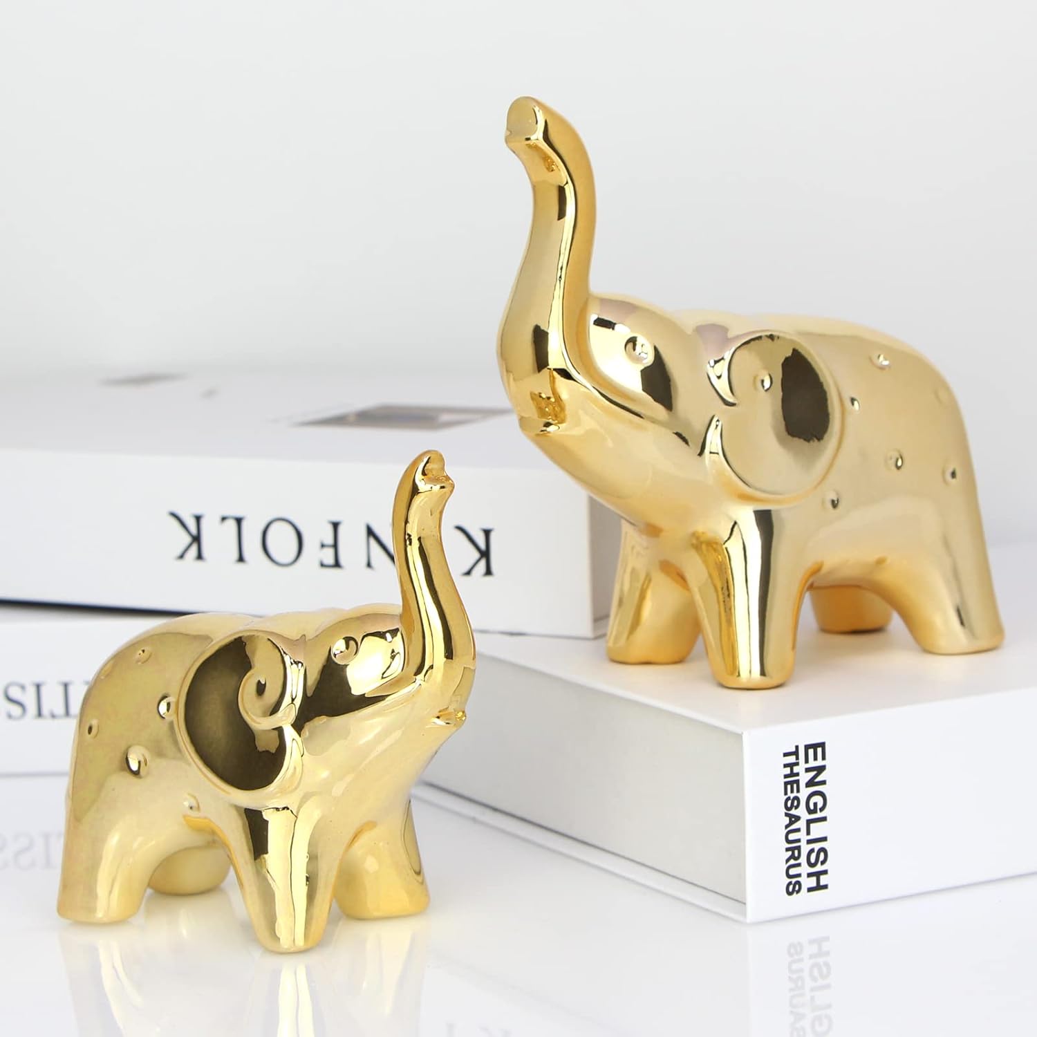 Handmade Ceramic Elephant Statue Pair - Gold Finish