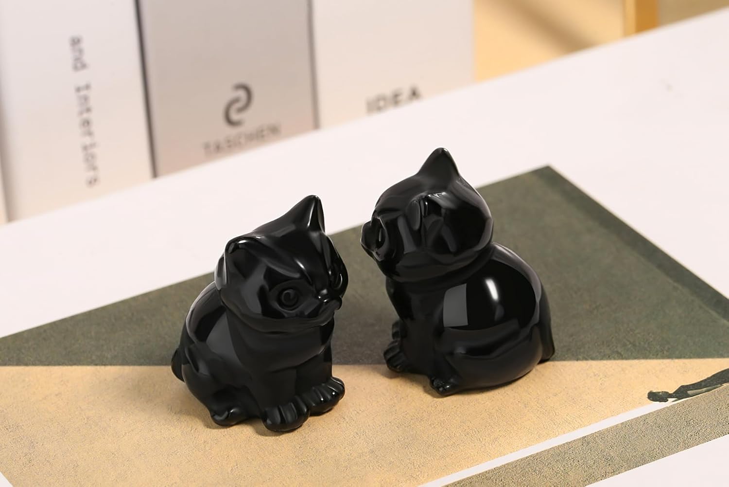 QINJIEJIE Black Obsidian Cat Healing Statue
