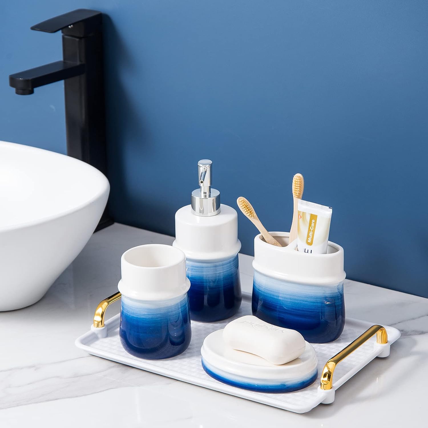Navy Blue 4-Piece Ceramic Bathroom Accessory Set