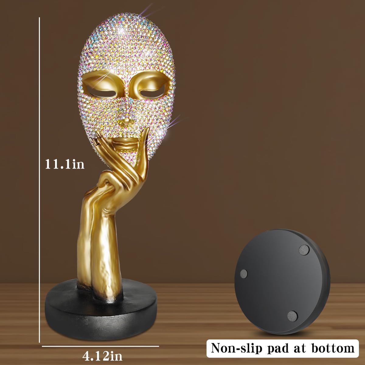 Bling Thinker Statue Golden Rhinestone Female Mask Sculpture for Home Office Decor