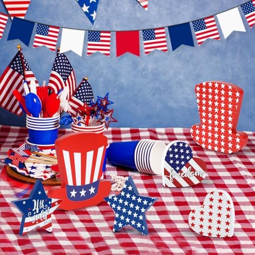 WENMAQIN 4th of July Decor Wooden Star Signs Set 6PCS