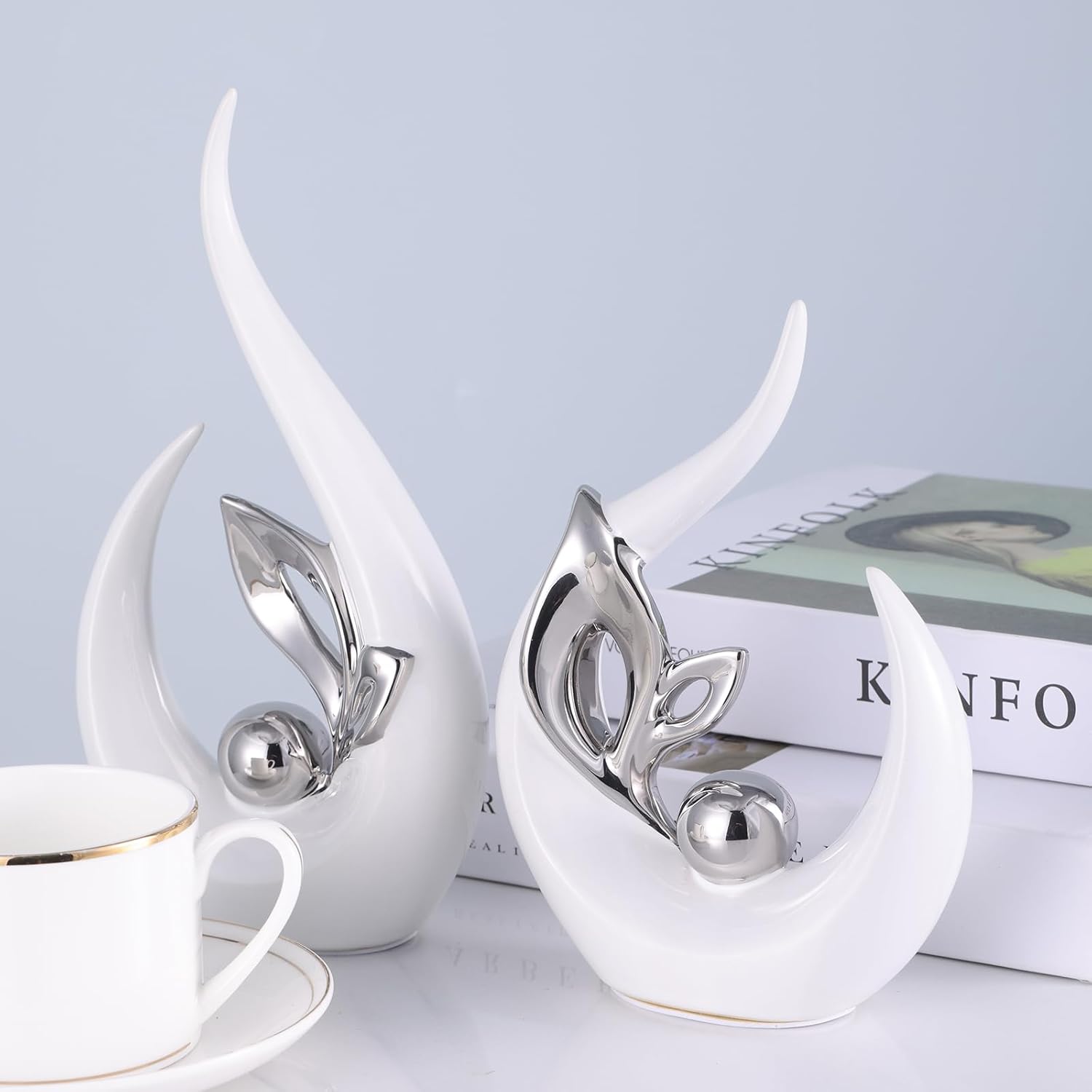 XMGZQ White and Silver Ceramic Statues for Modern Home Decor
