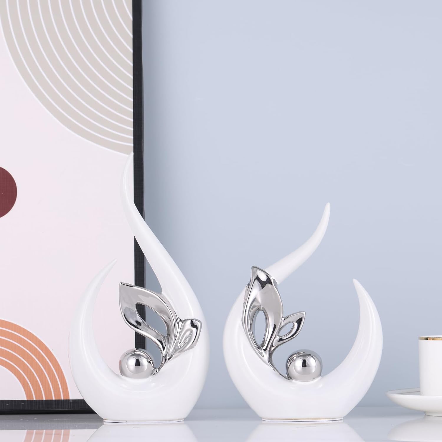 XMGZQ White and Silver Ceramic Statues for Modern Home Decor