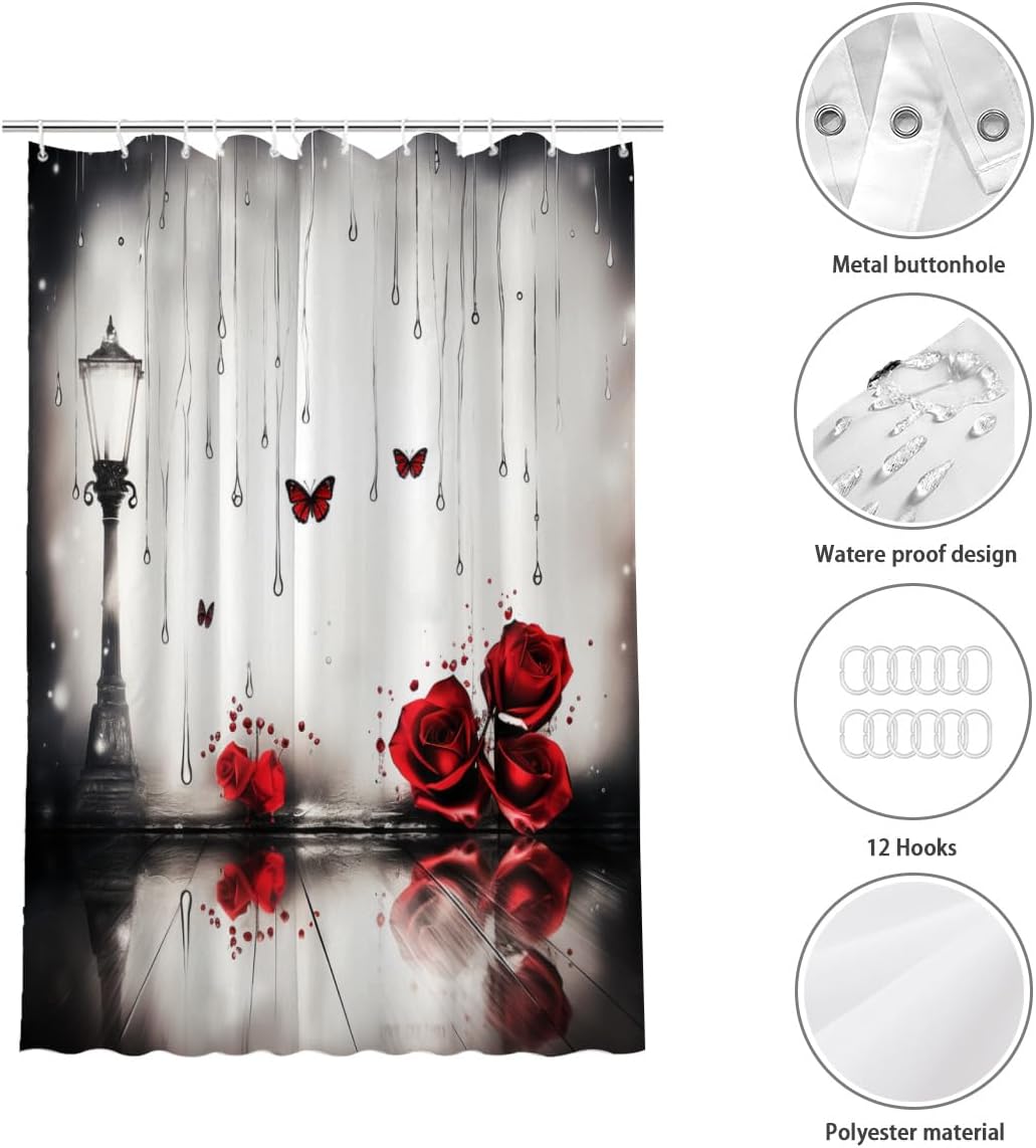 Red Rose with Butterfly and Street Lamp Shower Curtain Set 72x72 Inches