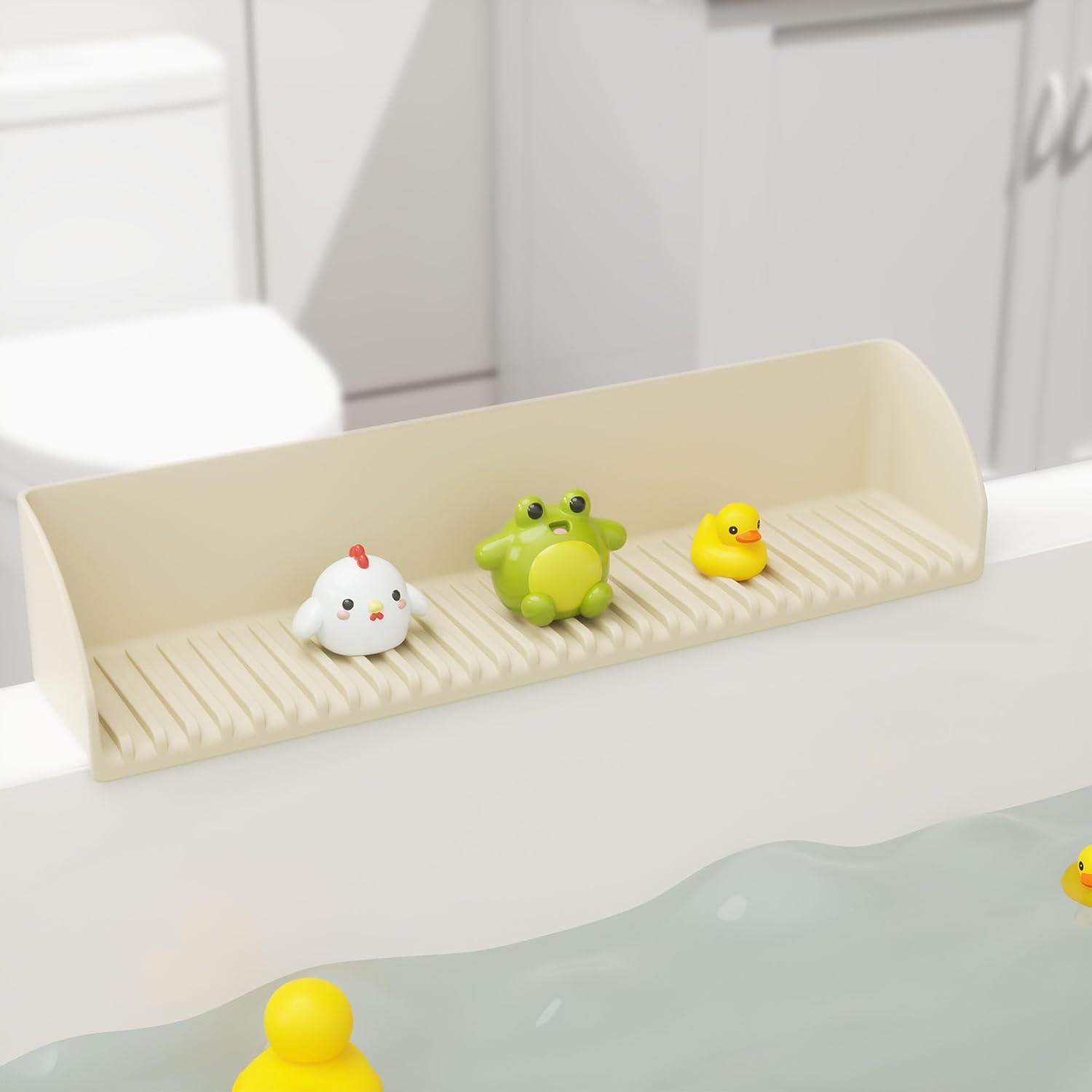 Roslim Splash Guard for Bathtub Sink - 4 Suction Cup Silicone Toy Tray Holder Beige