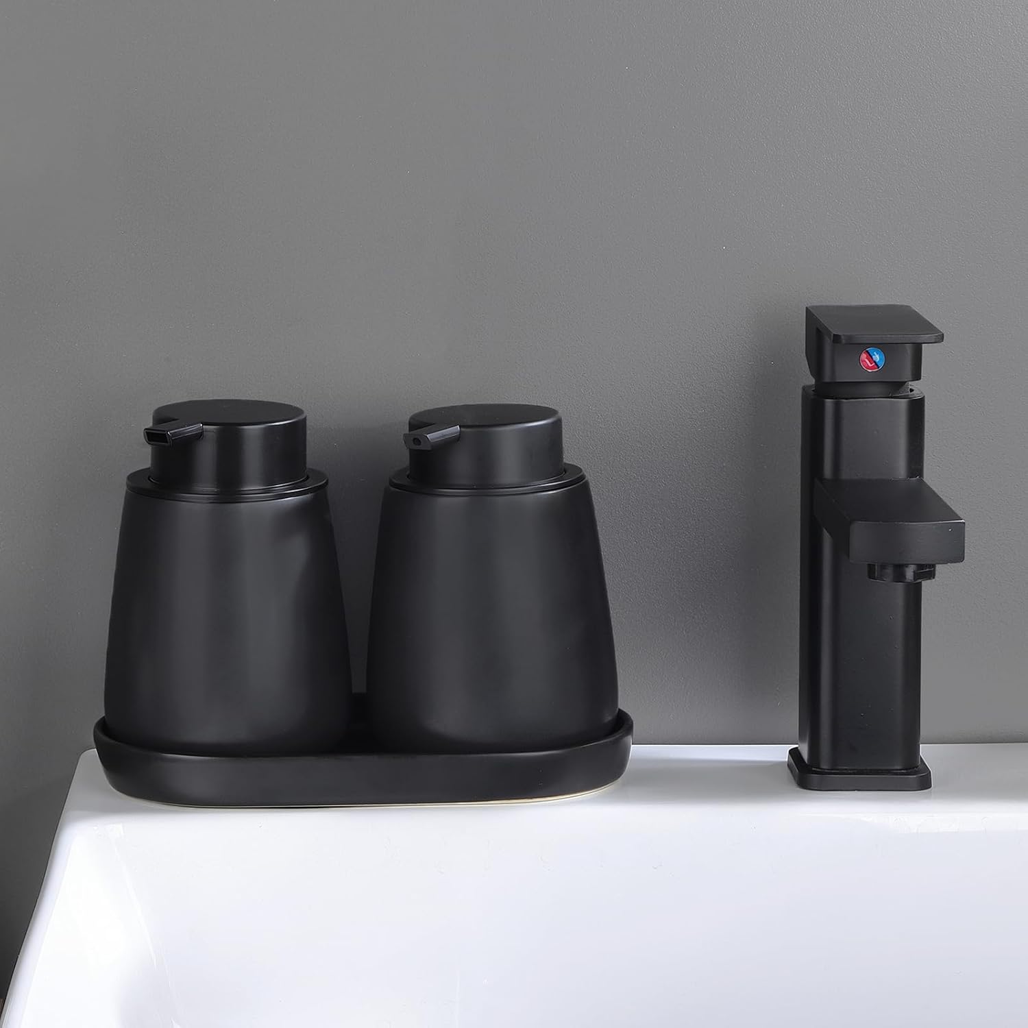 Matte Black Ceramic Soap Dispenser Tray - 8 Inch Vanity Organizer