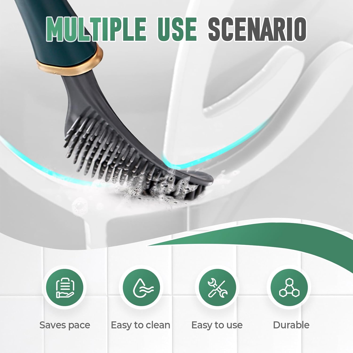 Modern Flexible Silicone Toilet Brush with Holder Green