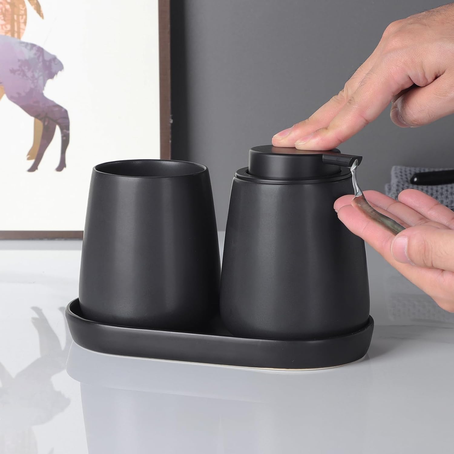 Matte Black Ceramic Soap Dispenser Tray - 8 Inch Vanity Organizer