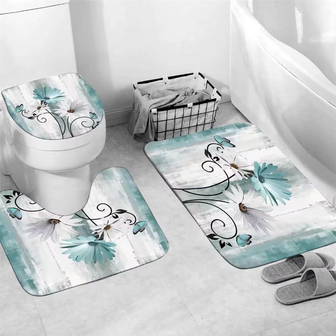 4PCS Rustic Teal Daisy Farmhouse Shower Curtain Set