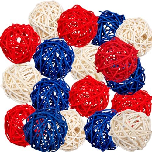 JOYWU 18Pcs 2 Inch Patriotic Rattan Decorative Balls Set for Independence Day Decorations