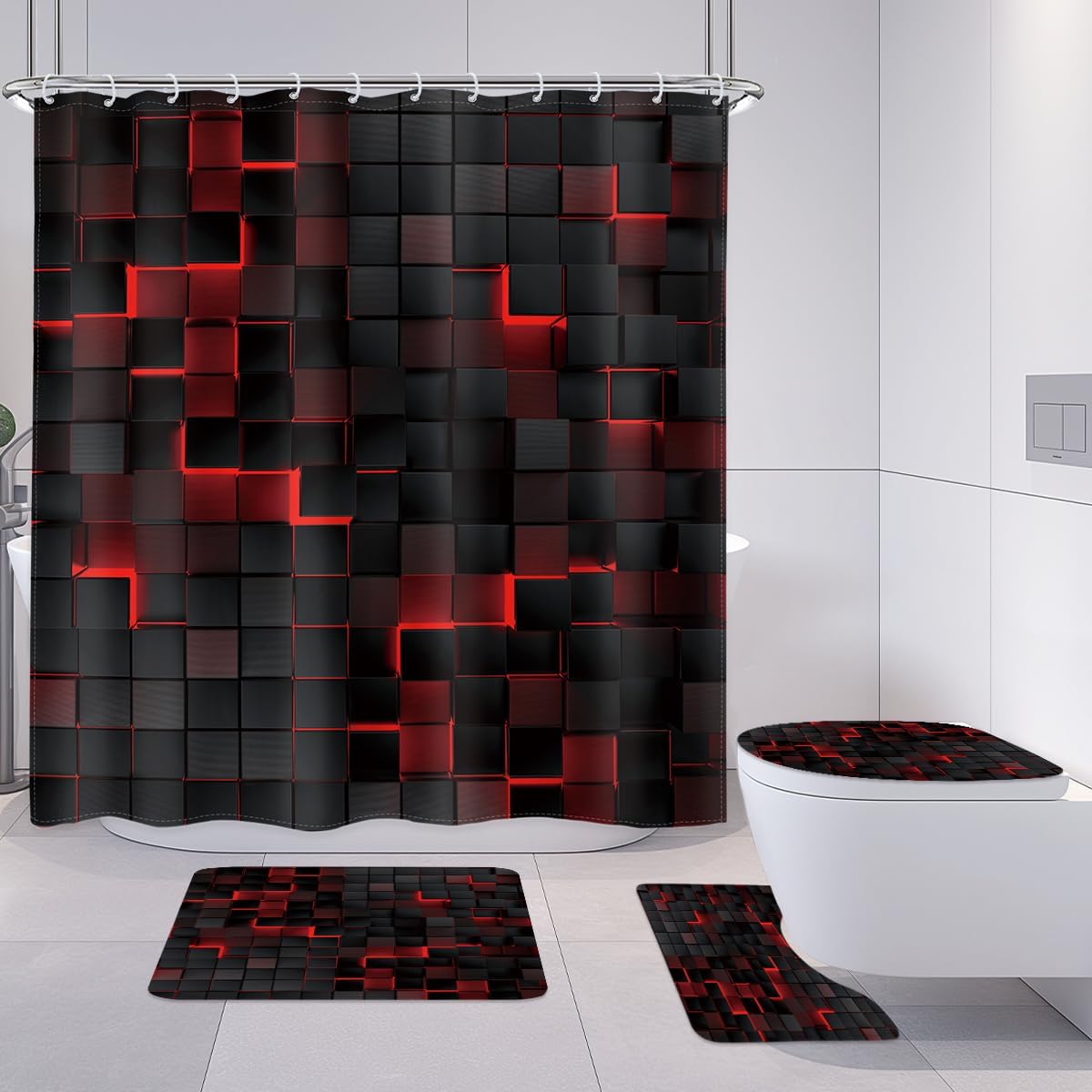 Riyidecor 4PCs Black Red Shower Curtain Set with Non-Slip Mats