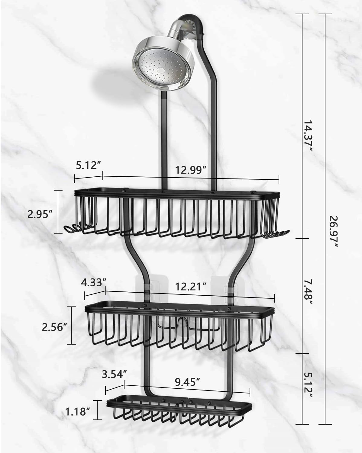 MSAICOE Shower Caddy with 6 Hooks and 3 Baskets - Aluminum Never Rust Black