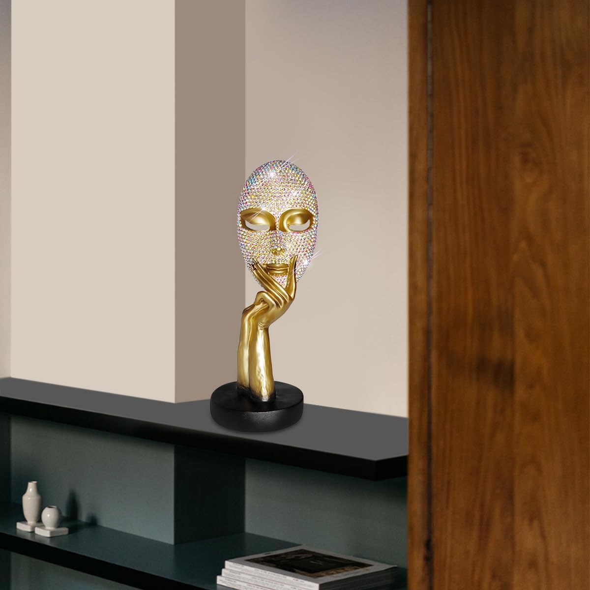 Bling Thinker Statue Golden Rhinestone Female Mask Sculpture for Home Office Decor