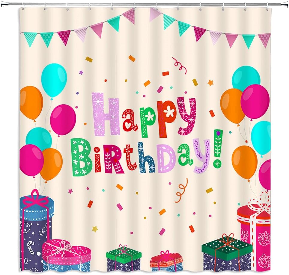 Happy Birthday Shower Curtain with Balloons and Stars for Boys Girls