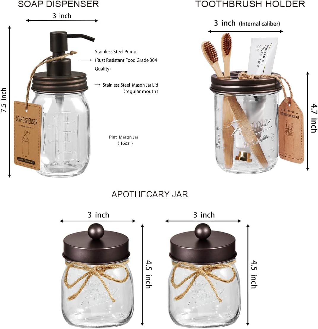SheeChung 6Pcs Mason Jar Bathroom Set - Rustic Farmhouse Decor